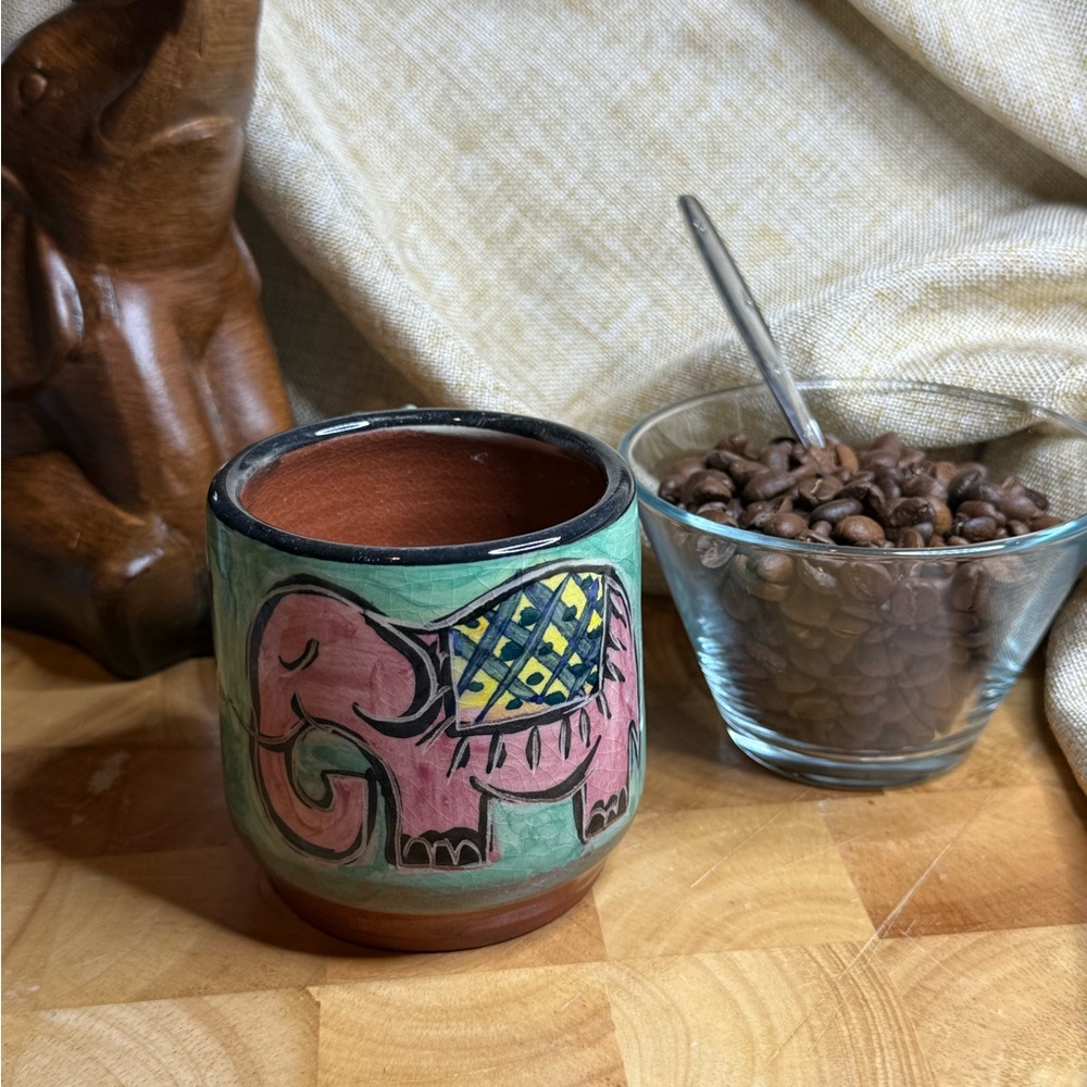 Vintage Italian CREAL Elephant Mug Hand Painted Rustic Terra Cotta mug.
